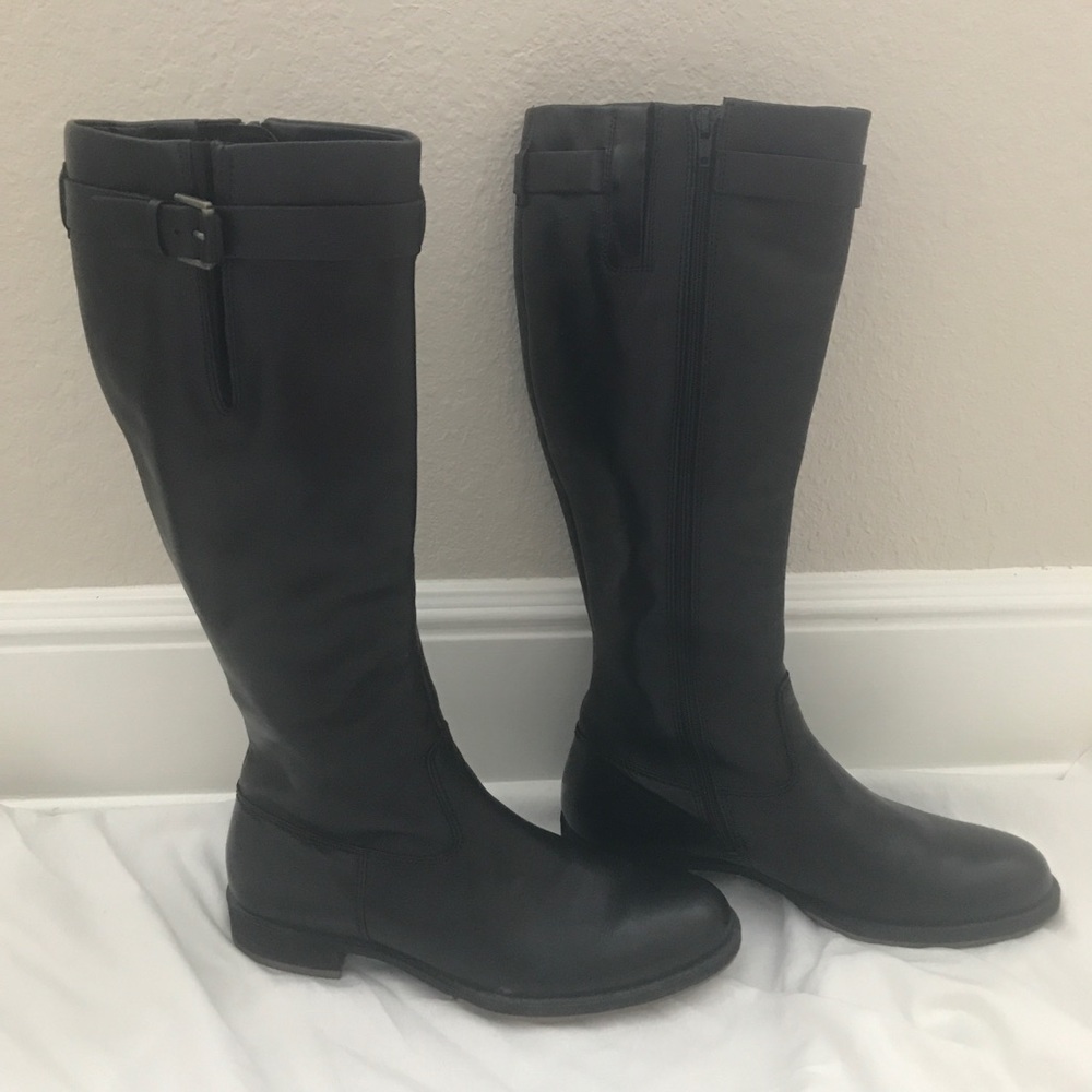 Ecco Boots Tall Black Leather Buckles Equestrian